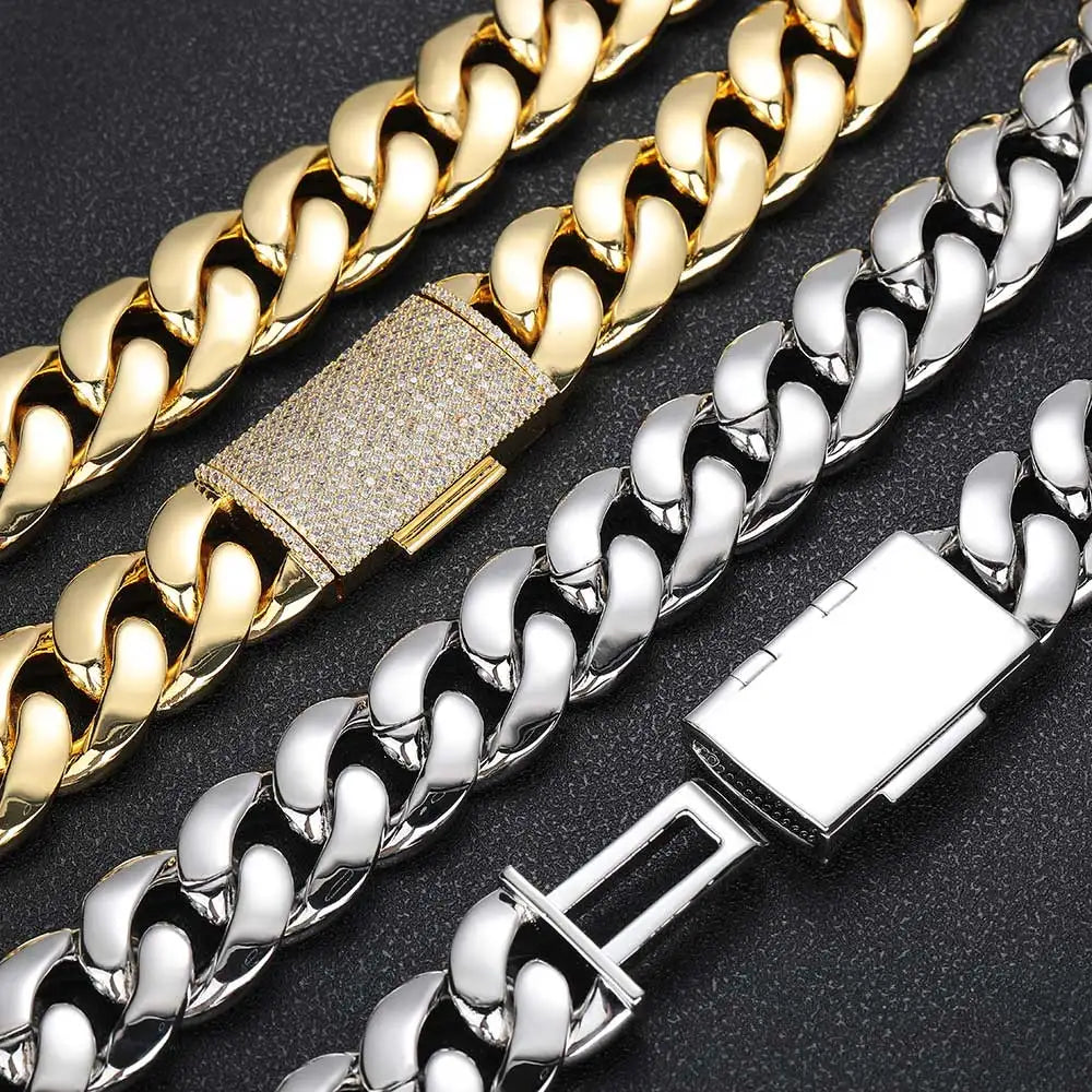 Fashion 12/22MM 5A CZ Iced Out Zircon Lock Miami Brass Cuban Link Chain Hip Hop Jewelry for Men Thick Necklace